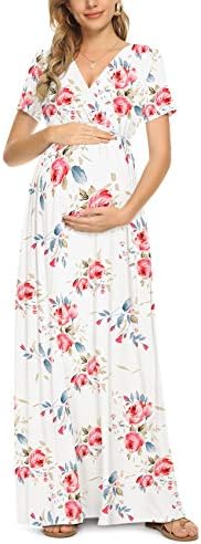 Xpenyo Women's Floral Maternity Dresses Summer Casual Short Sleeve V Neck Wrap Long Maxi Dress Pregnancy Clothes for Baby Shower, Photoshoot, Party, Daily, Nursing, Rose Flower White M