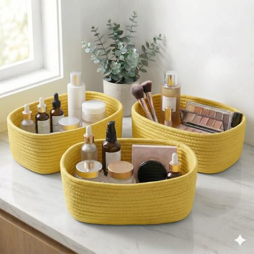 Image of 100% Natural Jute small box mini rope paper storage Round hamper baby nursery tray bucket for Living Kitchen, Drawing Room,fruits, kitchen, office, (yellow 3 set)