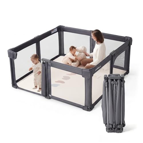 Image of Baby Playpen Portable, Pre-Assembled Play Pen 59x59 Large Foldable Playpen for Babies and Toddlers, Sturdy and Safe Toddler Play Yard Indoor Outdoor with Carry Bag,Dark Grey