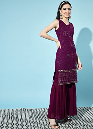 Women's Georgette Embroidered Kurta and Sharara & Dupatta Set4