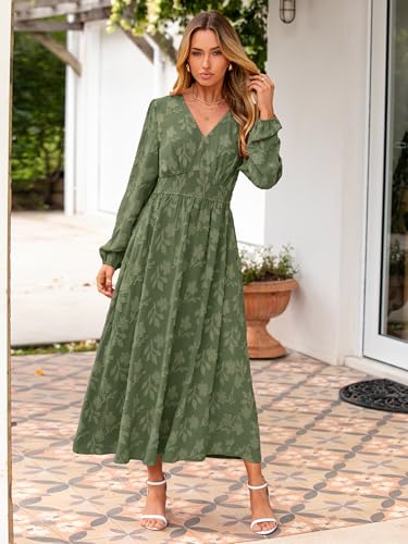 Image of Simplee Womens Boho Floral Long Sleeve Maxi Dress V Neck Empire Waist Fall Wedding Guest Dresses with Pockets