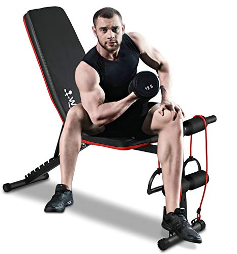 Weight Bench Adjustable, Workout Bench Press, Foldable Incline Decline Sit Up Exercise bench, Flat Strength Training Benches for Home Gym with Resistance Bands