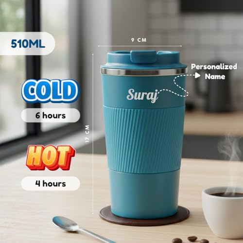 Image of Giftana 3 in 1 Personalized Tumbler with Coffee Mug 180ml & 2 Coasters - Customized Gift Set for Men & Women, Ideal for Husband, Father, Corporate Gifts for Employee (Blue 1)