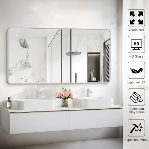 Image of 55x30 Inch Silver Bathroom Mirror, Large Rectangular Vanity Mirror, Metal Framed Rectangle Mirrors, Rounded Corner Wall Mounted Mirrors for Living Room Bedroom Entryway Horizontal or Vertical