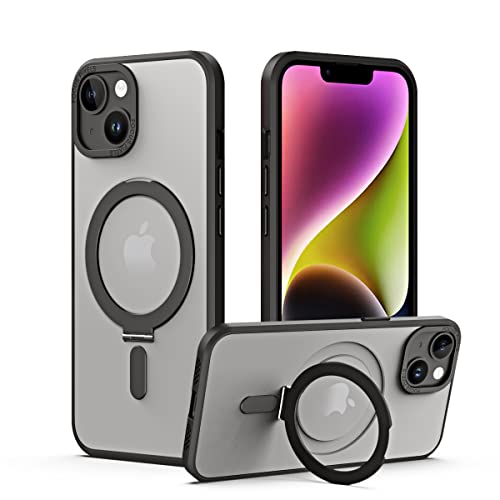 【MagSafe対応・多機能スタンド】Smorniy iPhone 14 / 13 用 ケース リング付き アイフォン14/13カバー 隠し収納式 スタンド付き 縦横両対応 アイフォン14/13 用 ケース 薄形半透明 マット感 指紋防止 ストラップホール付 スマホケース ワイヤレス充電対応 (iphone 13/14, ブラック)