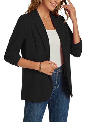 MINTLIMIT Blazers for Women 3/4 Ruched Sleeve Shawl Collar Open Front Business Jacket Blazer Work Office Blazers Jackets3