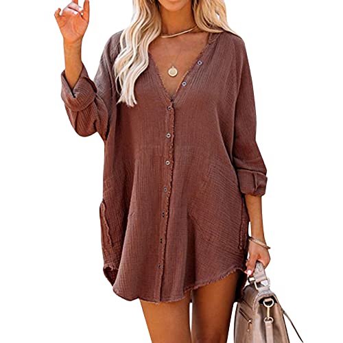 Briskorry Dames onregelmatige oversized blousejurk katoen casual vintage shirt met lange mouwen knoopsluiting herfst blousetops longshirt los vrije tijd bovenstuk hemd T-shirt - Image 7