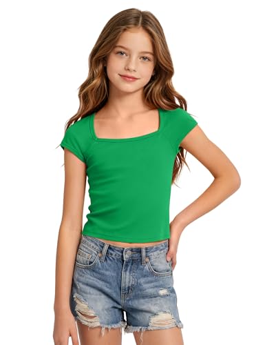 Image of Crop Tops for Girls Short Sleeve Shirt Girls Summer Tops Square Neck Slim Fit Tops Basic Tee