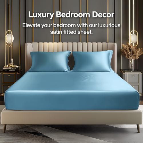 BEDELITE Satin Fitted Sheet and Pillowcases Set, Luxury Soft Similar to Silk Bottom Bedsheet with Elastic Corner Straps, Deep Pocket up to 15 Inch, 1 Fitted Sheet and 2 Pillowcases(King, Airy Blue)