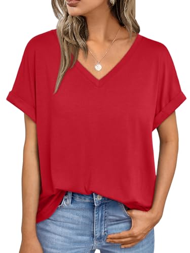 Image of AUTOMET Red Tops for Women Oversized Short Sleeve T Shirts Loose Fit Spring Casual Outfits, X-Large