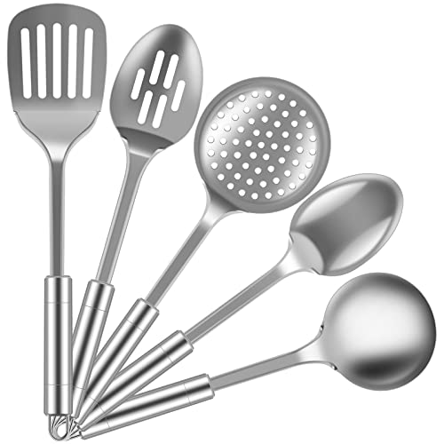 5Pcs Kitchen Cooking Utensils Set, Heat Resistant Stainless Steel Spoons Spatula Set with Hanging Hole, Non-Stick Cooking Tools, Kitchen Tools Gadgets Set Dishwasher Safe for Cooking