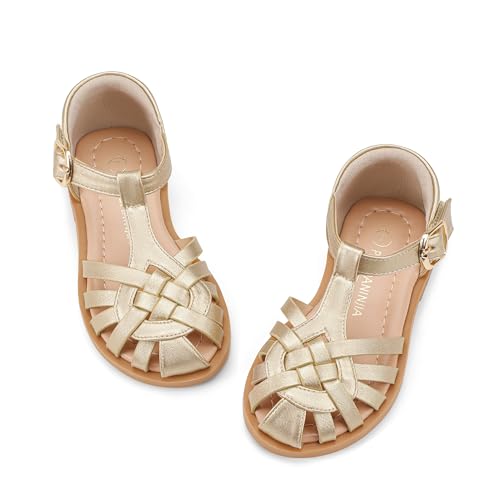 PANDANINJIA Toddler Girls Sandals Closed-Toe T-Strap Kids Flower Summer Flats Dress Sandals Shoes