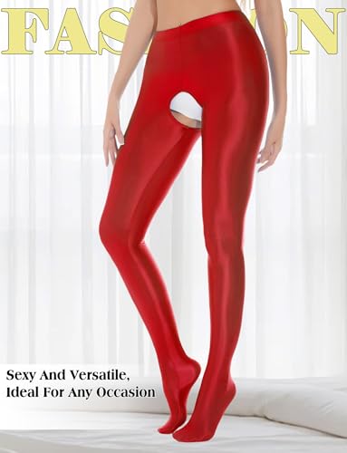Image of FEOYA Women's Open Crotch Oil Shiny Pantyhose High Waist Control Top Silky Oily Crotchless Footed Tights Stockings