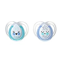 Tommee Tippee Night Time Soothers, Symmetrical Orthodontic Design, BPA-Free Silicone Baglet, 0-6 Months, Pack of 2 Dummies, Colours and Designs May Vary