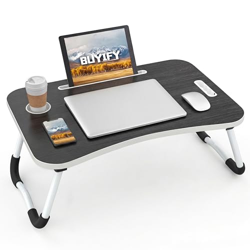 BUYIFY Folding Lap Desk, 23 Inch Portable Wood Black Laptop Bed Desk Lap Desk with Cup Holder, for Working Reading Writing, Eating, Watching Movies for Bed Sofa Couch Floor