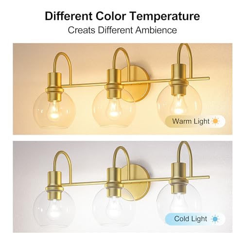 Image of Bathroom Light Fixtures,Gold Vanity Light 3 Light Wall Sconces, Brushed Brass Lighting with Clear Glass Shades, Wall Mounted Mirror Lights for Kitchen, Bedroom, Hallway