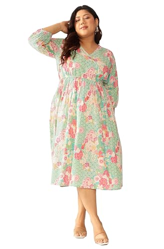 Image of Janasya Women's Plus Size Sage Pure Cotton Floral Printed A-line Dress