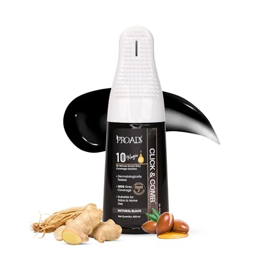 Image of PROADS Click & Comb Natural Black Hair Color for 100% Grey Coverage, No Bowl No Brush, Mess-Free 10-Min Quick Dye with Reusable Pre-Filled Hair Color Applicator, Dermatologically Tested, Unisex - 400ml + Starter Kit