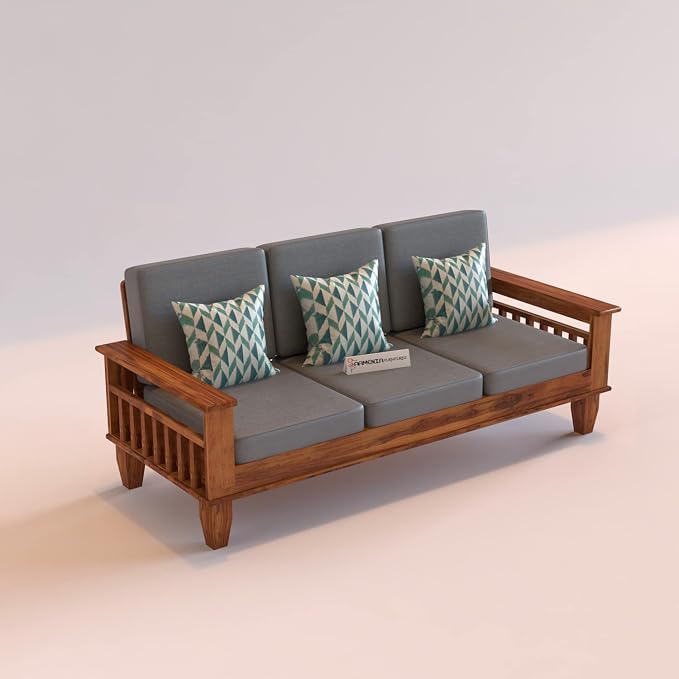 Image of Sheesham Wooden 3 Seater Sofa for Living Room | Rosewood 3 Seater Cushion Sofa with Side Newspaper Holder for Home & Office | Solid Wood Sofa Set for Lounge (Honey Finish)