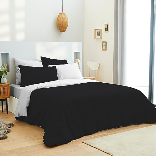 univers decor - Pack Complet 6 pièces Bicolore Housse de Couette pour lit 140 x 190 cm 100% Coton / 57 Fils/cm² (Noir/Blanc, Pack Complet 6 pièces Bicolore...