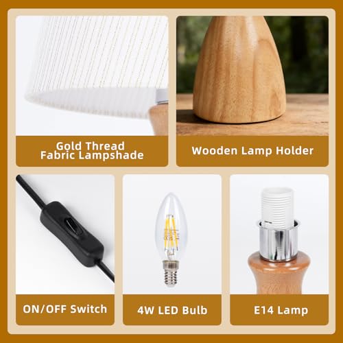 Wood Bedside Table Lamp, White Linen Lampshade with Golden Striped, On-Off Switch, 12.6 Inch Nightstand Lamp for Reading, Bedroom, Living Room, Children's Room, Office, Bulb Included - Image 5