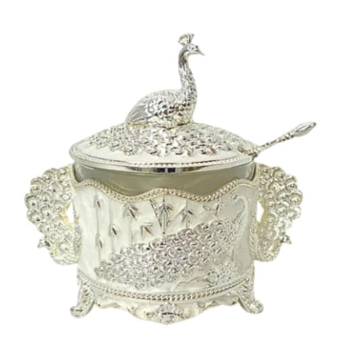 Image of Premium Decorative Peacock Design Sugar Pot | Jar with Spoon | German Silver-Plated Embossed Peacock Glass Container for Home Decor, Kitchen & Gifting