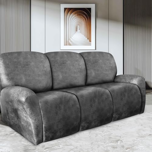 Image of ANARACHON Recliner Couch Cover Leather Look Recliner Sofa Covers for 3 Cushion Reclining Sofa Slipcovers 8-Pieces Furniture Protector Spandex Fabric Washable (3 Seater, 02 Light Grey)