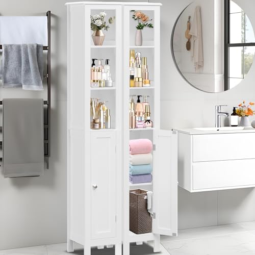 Tall Slim Bathroom Storage Cabinet, Narrow Skinny Storage Cabinet, Freestanding Bathrooms Cabinets with Doors and Shelves for Bathroom, Living Room, Kitchen, Small Space, White (12”W*11”D*67”H)