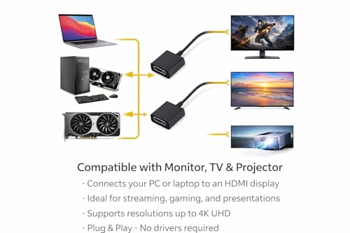 Image of ATEVON DisplayPort to HDMI Adapter - DP Male to HDMI Female Converter Cable for Monitor, TV, Projector, Compatible with Laptop, PC, Graphics Card, Supports 4K UHD, Plug and Play (Black)