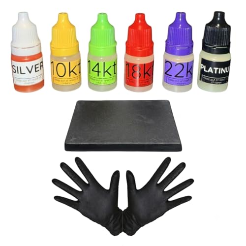 Gold Silver & Platinum Testing Kit 10k 14K 18K 22K .999 .925 Silver Platinum Solutions with 1pc 2x2 Test Stone Precious Metal Tester Real/Fake Check Analysis Analyzer Kit 2pcs Nitrile Gloves