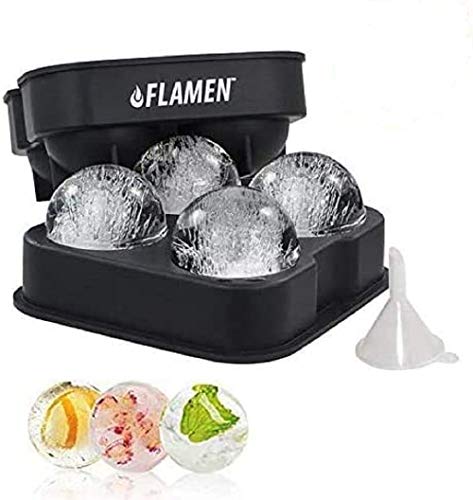 Flamen Easy-Release Flexible Ice Ball Maker Cube Maker Tray Molds with Funnel - Black Silicone Round Ice Ball Tray Spheres
