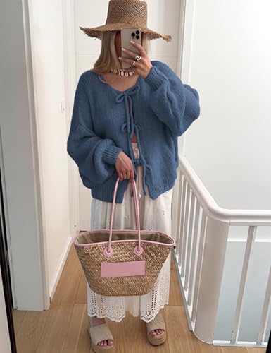 Image of SKIKYAN Women Bowtie Oversized Knit Sweater Cardigan Y2K Long Sleeve V Neck Open Front Casual Knitwears