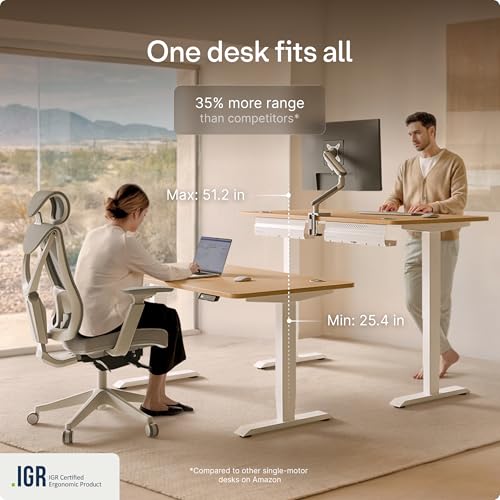 Image of Desktronic HomePro Standing Desk 54x28 - Made in Europe, Ergonomic Sit Stand Home Office Desk, Electric Height Adjustable, Dual Motor, USB & USB-C Charging, Wobble-Free, Touchscreen, 3 Memory Presets