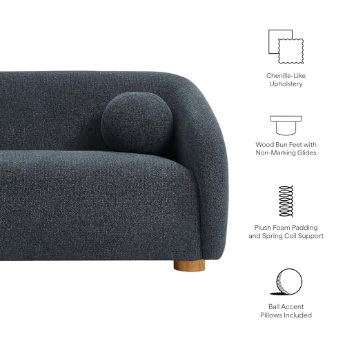 Image of Modway Holland 85 Inch Minimalist Curved Back Sofa in Navy - Chenille Fabric Sofa with Ball Throw Pillows and Wood Feet - Modern 3-Seater Couch for Living Room