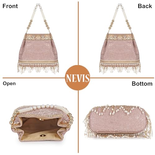 Image of Nevis PU Silk Fabric Women's Embellished Potli Bag with Pearl Handle & Fringe Detailing | Designe Wedding & Festive Handbag