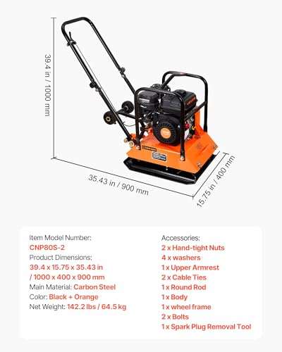 Image of VEVOR Plate Compactor, 6.5 HP 196CC Gas Engine, 5700 VPM Vibrating Ground Rammer, 4047 lbs Compaction Force, 21 x 16 in Plate, Walk Behind Compactor for Paver Landscaping, Asphalt, Foundation, Soil