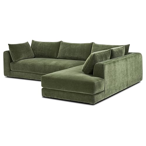 Image of POLY & BARK Marcel Right-Facing Corner Sectional with Extra-Wide Chaise - Upholstered in Sagano Green Fabric - Deep, Relaxed Modern Design with Feather-Blend Cushions for Living Room Comfort and Style