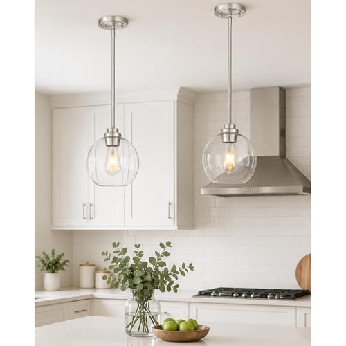 Image of 2 Pack Pendant Lights Kitchen Island, 8 inch Brushed Nickel Pendant Light Fixtures with Globe Clear Glass Shade, Modern Kitchen Island Lighting for Bathroom, AD-22280-2PL-SN