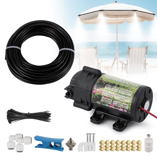 Moongiantgo Outdoor Misting Cooling System with Pump Kit-82ft Misting System pipe+24 Brass Mist Nozzles 0.02’’+Cluster Body+3/4’’ Adapter-Mister for Outside Patio Backyard Garden Greenhouse Trampoline