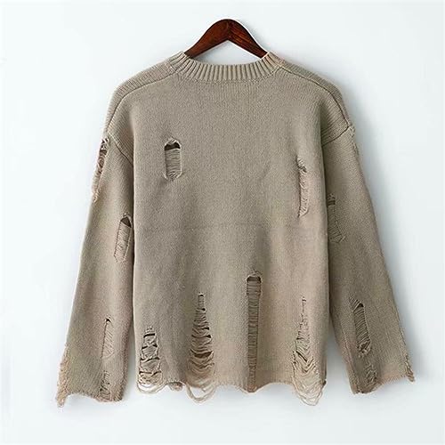 Rfmfkkg Men Wash Hole Ripped Knit Sweaters Solid Color Ripped O Neck Couple Sweater3