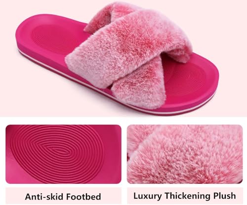 Image of COFACE Womens Fuzzy Slides Fluff Faux Fur Cross Slippers Open Toe Yoga Mat House Slipper Sandals With Arch Support For Indoor /Outdoor
