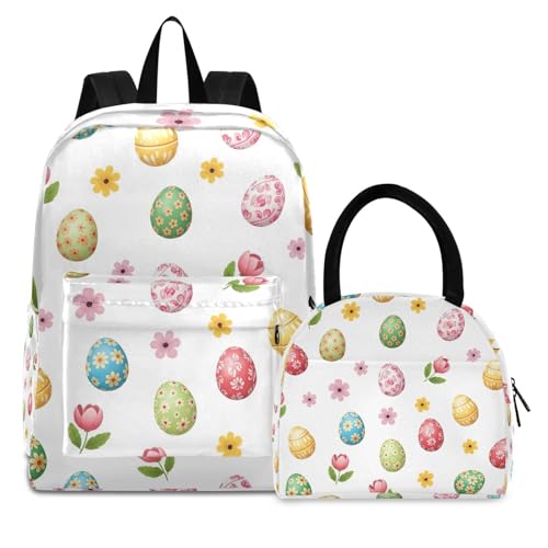 Sac à dos imprimé fleurs blanches et sac à lunch imperméable assorti