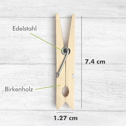 Zeno Wäscheklammern Holz – 50 Stück Holzwäscheklammern 7,5 cm mit rostfreiem Federstahl, robuste Holzklammern für Wäsche, Aufhängen, Basteln & DIY