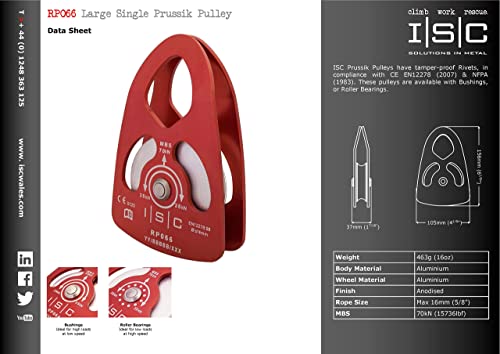 ISC 70kN MBS Large Single Prusik Minding Aluminium Rigging Pulley (max 16mm rope), RED | BUSHINGS - Image 3