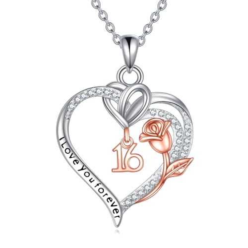 Birthday Necklace Sterling Silver 16th 18th 21th 80th Birthday Pendant Necklace Heart Rose Flower Birthday Jewelry for Women Mothers Day Christmas Gifts