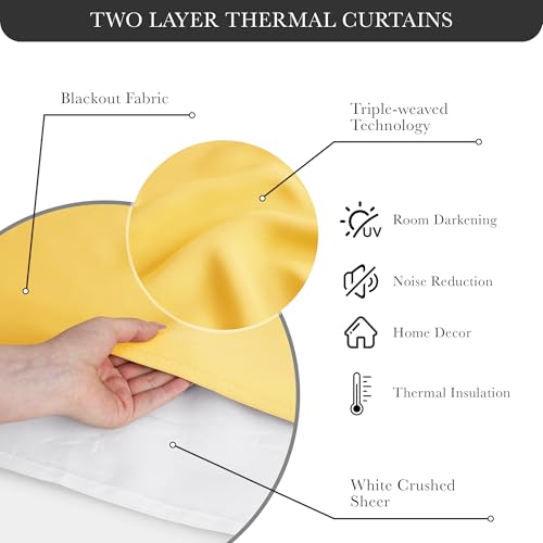 Image of PONY DANCE Blackout Curtains, 52 W by 84 L, Lemon Yellow, 2 Pieces | Curtains 84 inches Long with Sheer Overlay Nursery Panels for Bedroom /Living /Dining Room