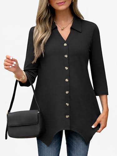 ANRABESS 3/4 Sleeve Tunic Tops for Women Lapel V Neck Button Down Shirts Business Dressy Casual Blouse with Asymmetrical Hem3