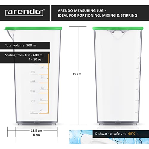Arendo Measuring jug 600 ml with Measurements displayed, Mixing Jug, Blender Beaker Green lid, 20 oz, Transparent Cup - Image 2