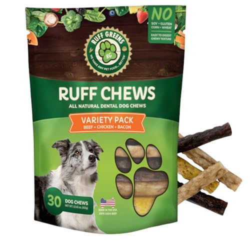 Ruff Greens Ruff Chews Variety Pack 30 Count | Natural Digestible Rawhide Dog Treats with Vitamins Minerals Probiotics & Omega Oils | Dental Treats to Clean Teeth & Support Gut & Immune Health