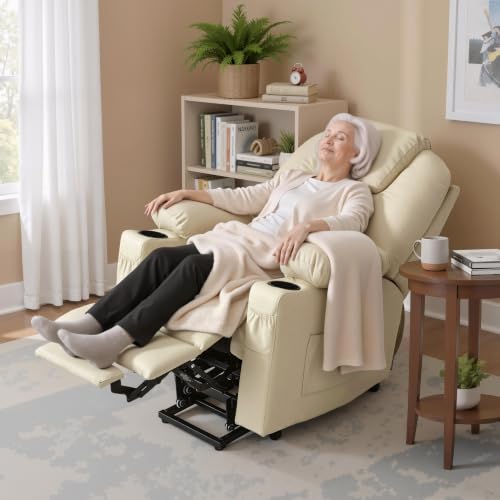 Image of MCombo Power Lift Recliner Chair for Elderly, Lift Chair with Heat and Massage, FSC Certified, USB Ports, Cup Holders, Faux Leather 7141 (Cream White, Small)